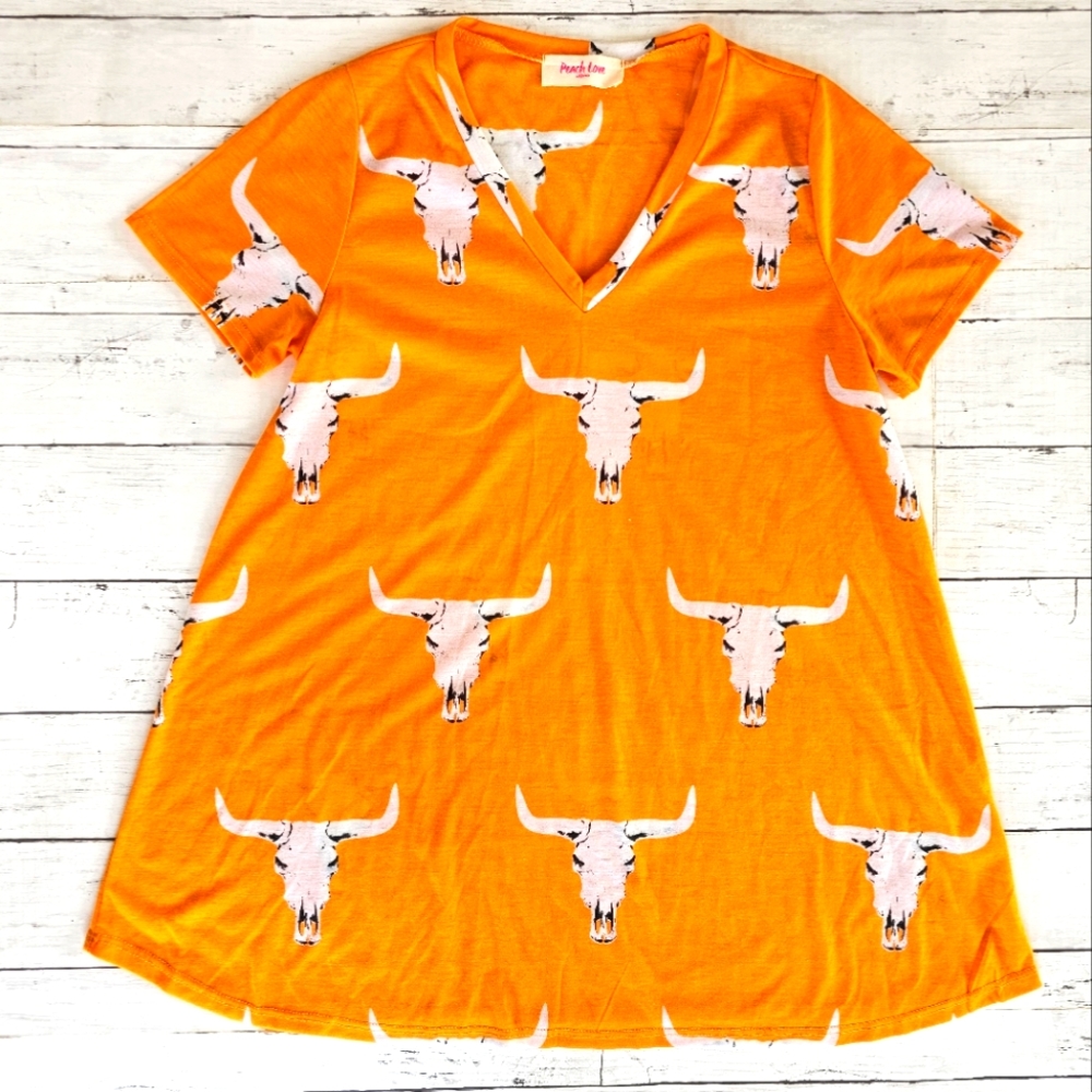 SOLDPeach Love California Western Orange & White Vneck Tee Shirt Steer Longhorn - Picture 1 of 5